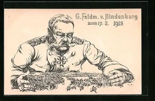 Künstler-AK Paul von Hindenburg, der G. Feldmarschall dirigiert seine Soldaten in der Schlacht am 17. Februar 1915