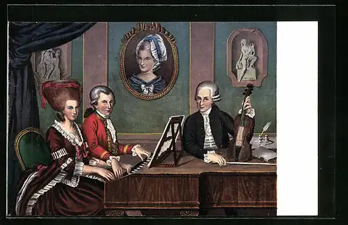 AK Wolfgang Amadeus Mozart, gemeinsam mit seiner Familie am Klavier