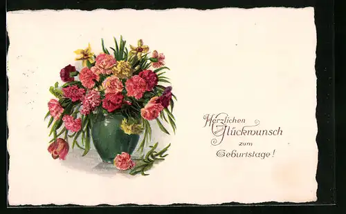 Künstler-AK Vase mit roten und gelben Blumen, Geburtstagsgrüsse
