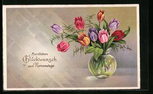 Künstler-AK Vase mit Tulpen, Glückwünsche zum Namenstag