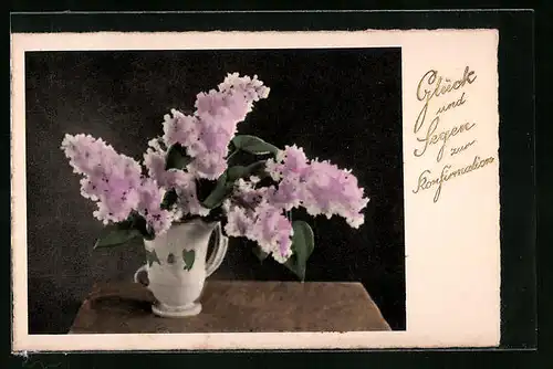 AK Vase mit weiss-lavendelfarbenen Blumen, Segen zur Konfirmation
