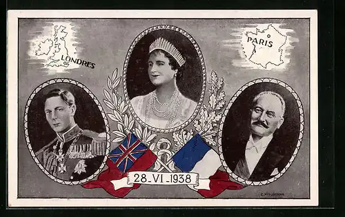 AK König und Königin von England und Präsident von Frankreich, Portraits neben den Hauptstädten