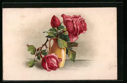 Künstler-AK Vase in gelb mit roten Rosen