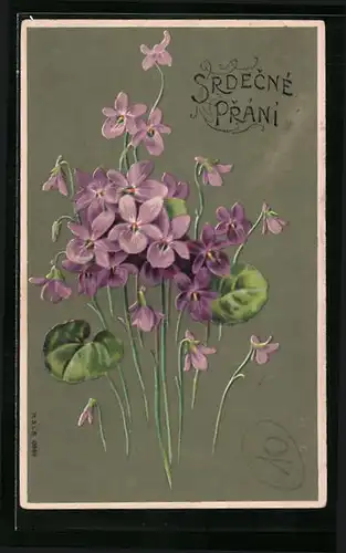 Präge-AK Srdecne Prani, Veilchenstängel mit Blüten