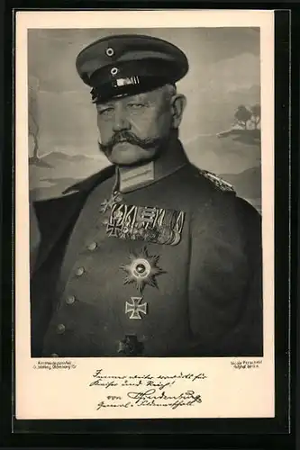 AK Paul von Hindenburg, der Feldmarschall mit Orden und Schirmmütze, Eisernes Kreuz