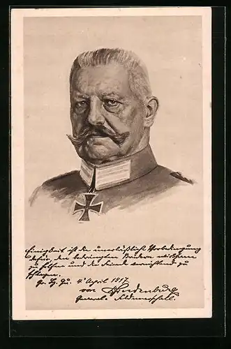 Künstler-AK Paul von Hindenburg, der Generalfeldmarschall mit Eisernem Kreuz an der Uniform