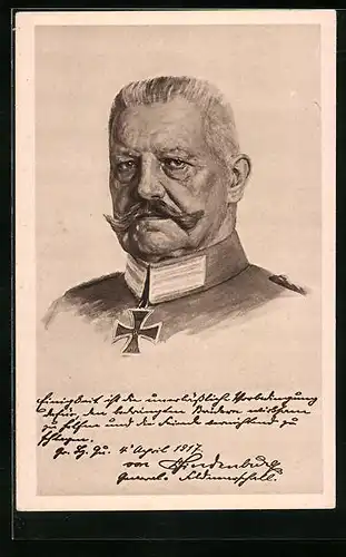Künstler-AK Paul von Hindenburg, der Generalfeldmarschall in Uniform mit Eisernem Kreuz