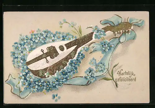 Präge-Lithographie Hartelijk gefeliciteerd, goldene Laute von Vergissmeinnicht eingerahmt