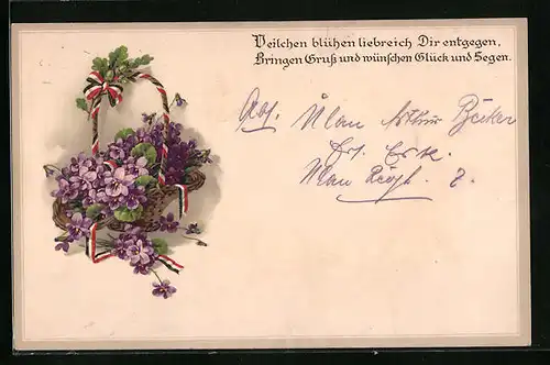 Lithographie Veilchen in einem Flechtkorb mit Reichsfarben verziert