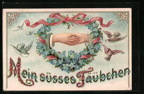 Präge-Lithographie Blumenbild, ein Paar Hände von Blumen eingerahmt