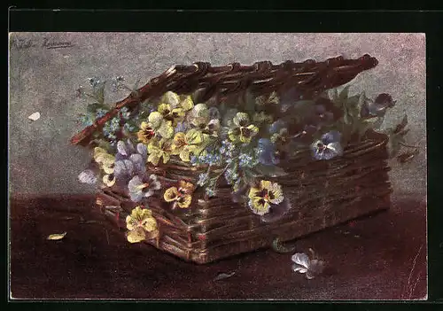 Künstler-AK Stiefmütterchen, Korb voller Blüten