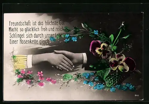 AK Stiefmütterchen, Mann und Frau reichen sich die Hände