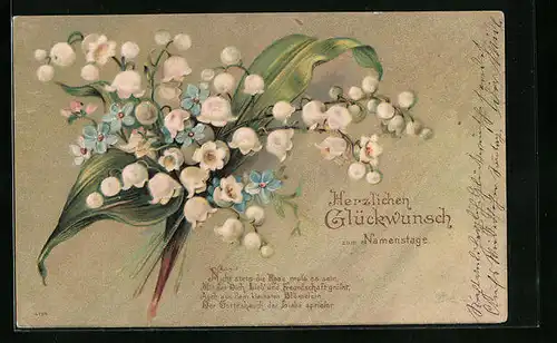 Präge-Lithographie Maiglöckchen zum Strauss gebunden, Namenstagsgrüsse