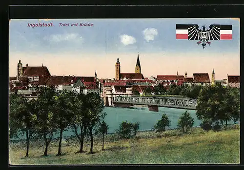 AK Ingolstadt, Totalansicht mit Brücke und Reichsadler