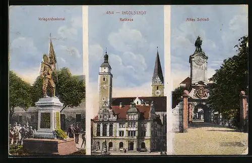 AK Ingolstadt, Kriegerdenkmal, Rathaus und Altes Schloss