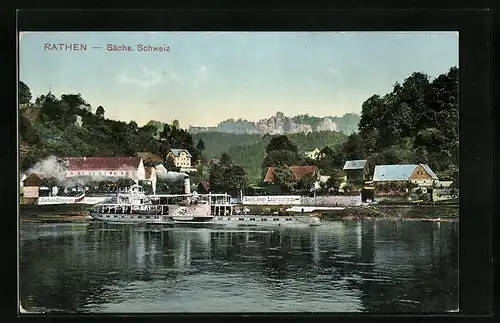 AK Rathen / sächs. Schweiz, Panorama mit Dampfer