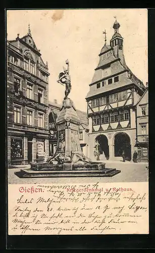 AK Giessen, Rathaus mit Geschäft und Kriegerdenkmal