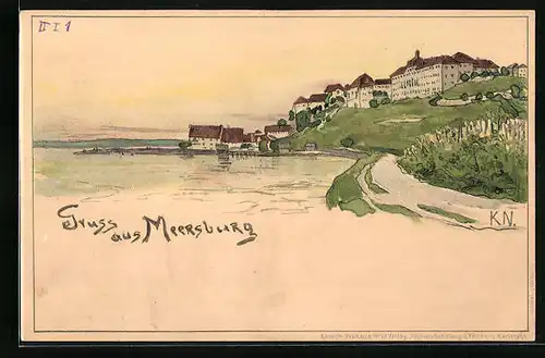 Lithographie Meersburg, Gesamtansicht mit Ufer