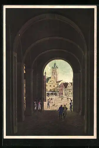 AK Darmstadt, Blick zum Marktplatz aus der Halle des Schlosses gesehen
