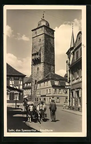 AK Lohr / Spessart, Stadtturm, Café, Ochsengespann