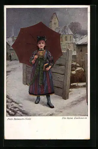 Künstler-AK Dachau, kleine Dachauerin mit Schirm in Tracht