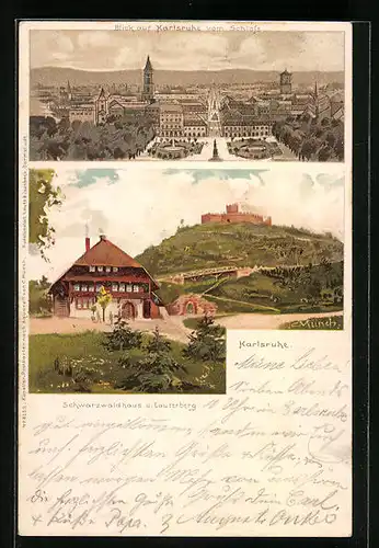 Künstler-AK Carl Münch: Karlsruhe, Blick vom Schloss auf die Stadt, Schwarzwaldhaus und Lauterberg