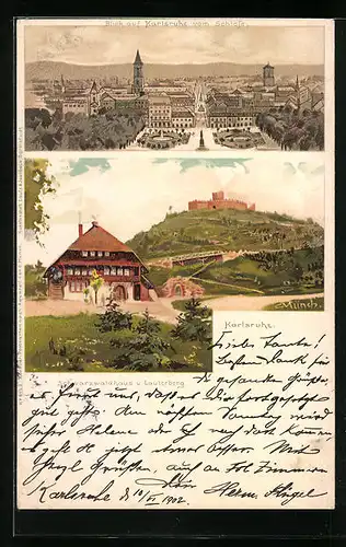 Künstler-AK Carl Münch: Karlsruhe, Blick vom Schloss auf die Stadt, Schwarzwaldhaus und Lauterberg