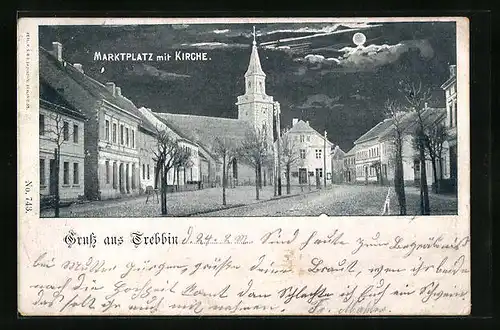 AK Trebbin, Marktplatz mit Kirche bei Mondschein