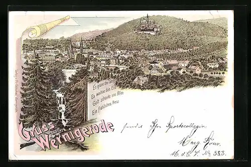 Lithographie Wernigerode, Teilansicht, Renne