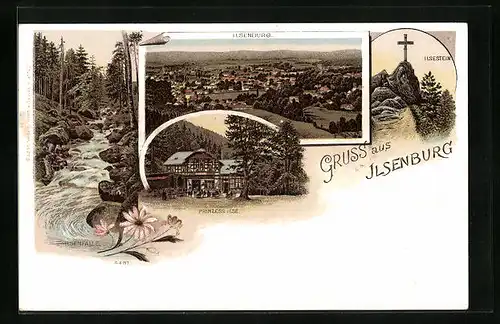 Lithographie Ilsenburg, Gasthaus Prinzess Ilse, Ilsenfälle, Ilsestein