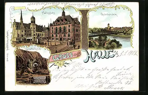 Lithographie Halle a. S., Marktplatz mit Denkmal und Strassenbahn, Giebichenstein, Kaiser-Denkmal