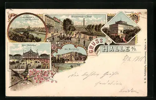 Lithographie Halle a. S., Promenade und Post, Bahnhof, Giebichenstein und Reilsburg