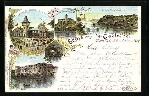 Lithographie Halle a. S., Gasthaus Peissnitz im Saalethal, Moritzburg, Ruine Giebichenstein