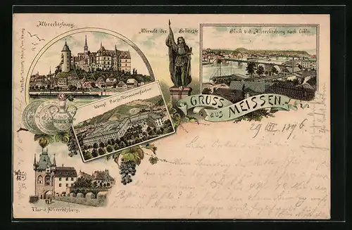 Lithographie Meissen, Königliche Porzellanmanufactur, Albrechtsburg, Albrecht der Beherzte