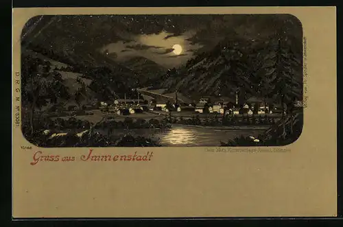 Lithographie Immenstadt, Teilansicht bei Mondschein