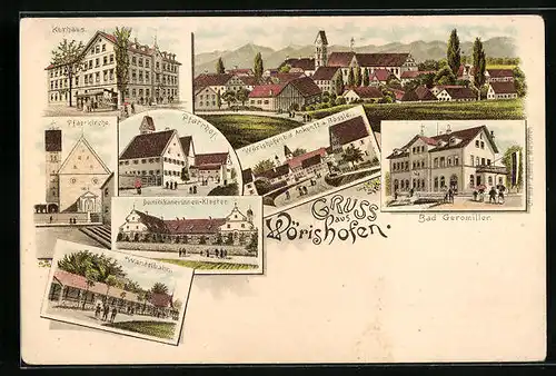 Lithographie Wörishofen, Kurhaus, Bad Geromiller, Dominikanerinnen-Kloster