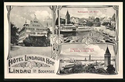 AK Lindau im Bodensee, Hotel Lindauer Hof, Aussicht von der Terrasse, Hafenpartie