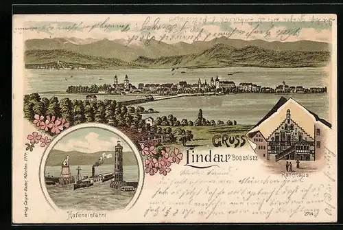 Lithographie Lindau a. Bodensee, Teilansicht, Hafeneinfahrt mit Leuchtturm und Dampfer, Rathaus