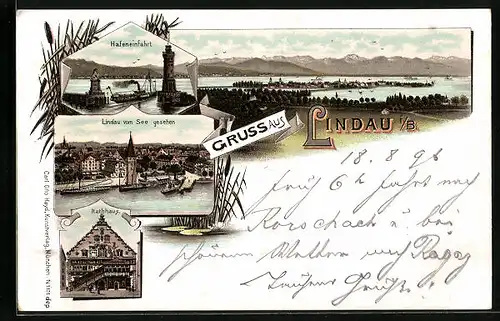 Lithographie Lindau i. B., Teilansicht vom See gesehen, Hafeneinfahrt, Rathaus