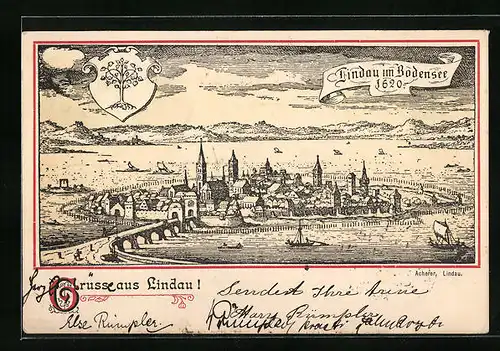Lithographie Lindau im Bodensee, Ortsansicht 1620