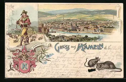 Lithographie Hameln, Teilansicht, Rattenfänger von Hameln, Wappen