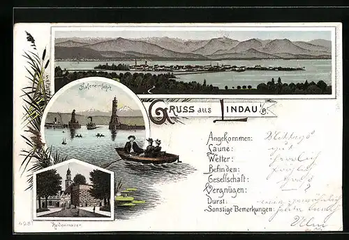 Lithographie Lindau i /B., Teilansicht, Hafeneinfahrt, Heidenmauer