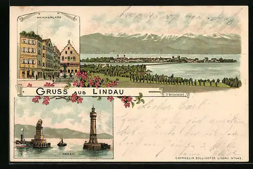 Lithographie Lindau i /Bodensee, Reichsplatz mit Geschäft und Brunnen, Hafen, Teilansicht