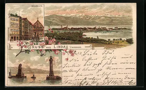 Vorläufer-Lithographie Lindau i. Bodensee, 1892, Reichsplatz mit Geschäft und Brunnen, Hafen, Teilansicht