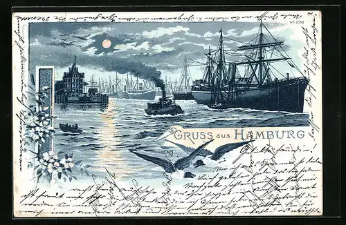 Mondschein-Lithographie Hamburg, Hafen mit Segelschiffen