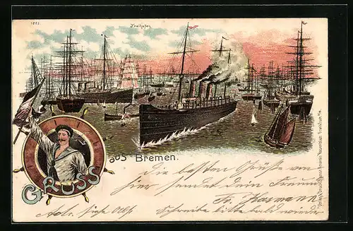 Lithographie Bremen, Dampfer und Segelschiffe im Freihafen, Seemann mit Flagge
