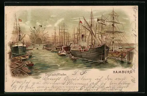 Lithographie Hamburg, Partie im Segelschiffhafen