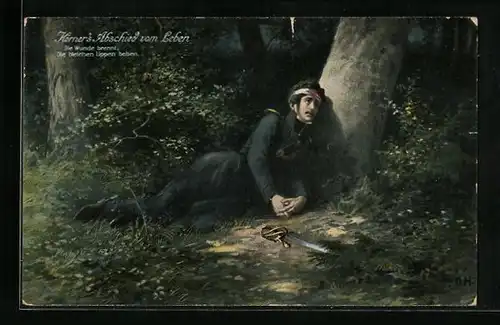 AK Körner's Abschied vom Leben, Körner liegt verwundet an einem Baum