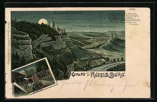 Mondschein-Lithographie Rudelsburg, Panorama mit Saaleck, Burghof
