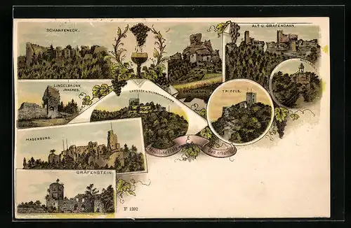 Lithographie Ruine Scharfeneck, Ansichten von Gräfenstein, Madenburg und Trifels